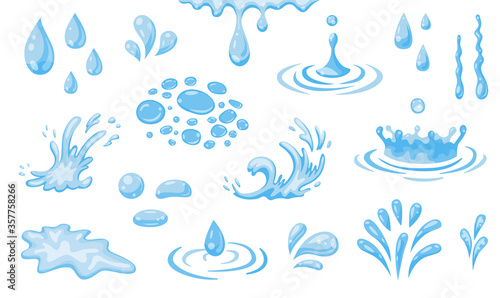Water splashes flat icon set. Vector illustration of sea waves, fountain spray, wet surface, drop shapes. Water symbol elements for creative design