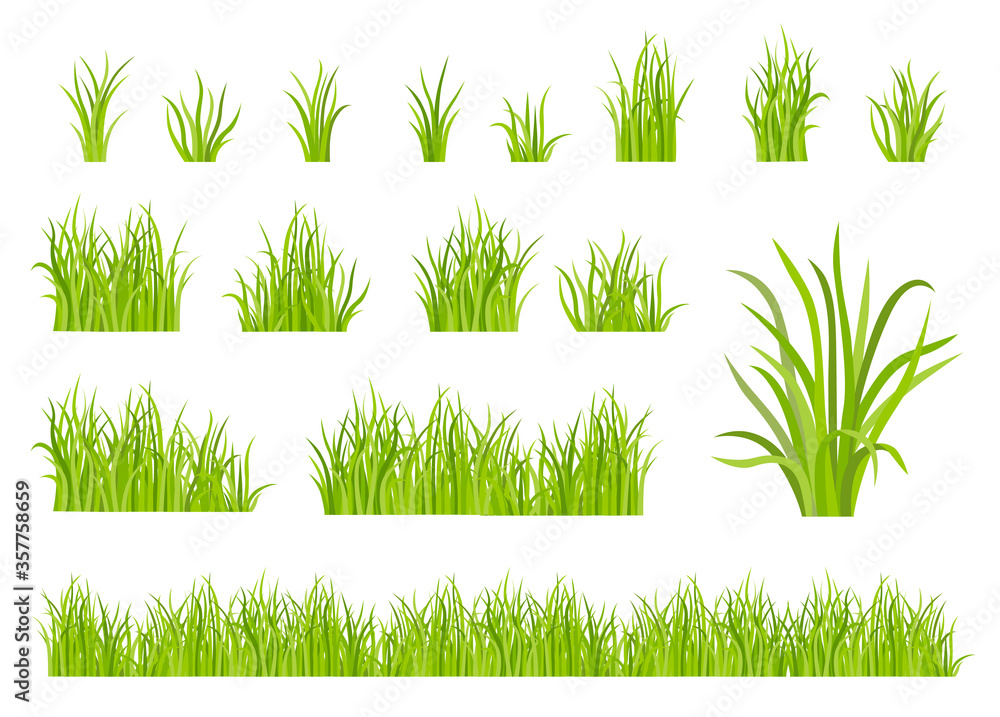 Green grass pattern flat icon set. Leaf borders, flower elements, nature background vector illustration. Green land concept for template design