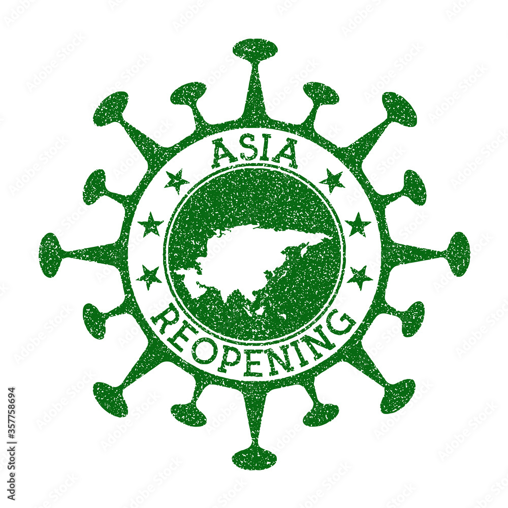 Asia Reopening Stamp. Green round badge of continent with map of Asia. Continent opening after lockdown. Vector illustration.