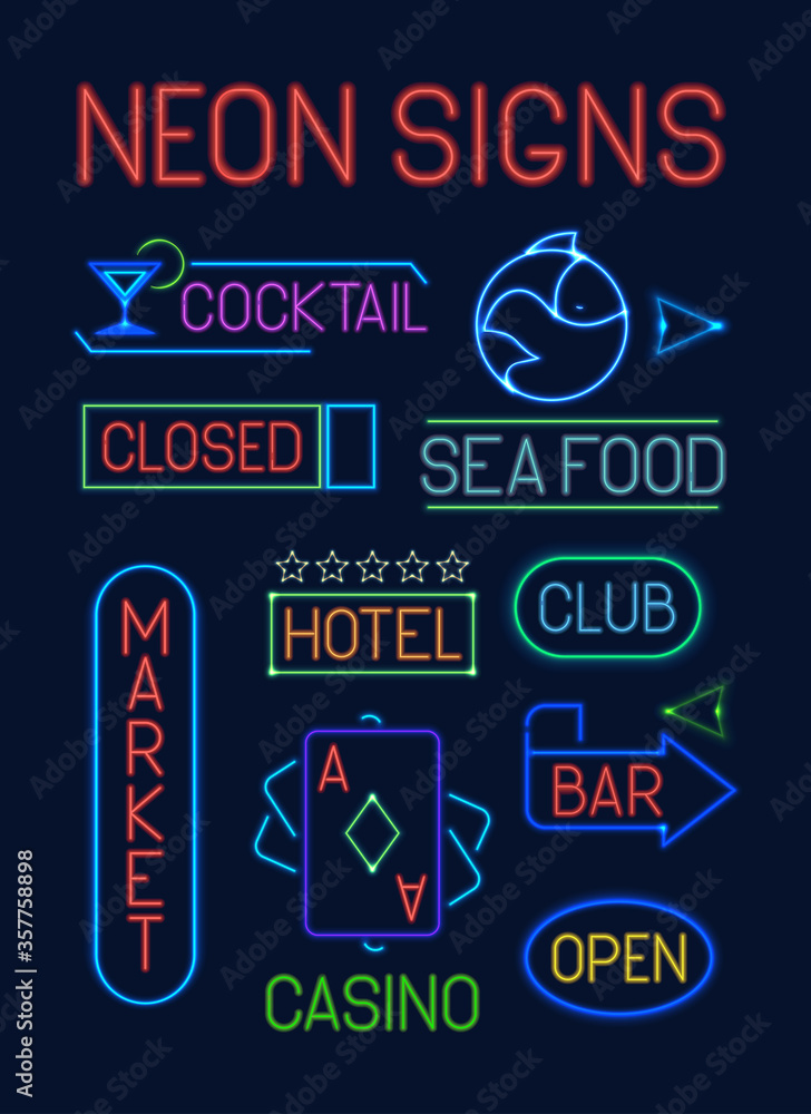 Signs neon set. Neon colorful electric pointers glowing letter club sea food blue casino deck cards green market bar cocktail red hotel orange advertising poster indicator. Vector cartoon soft glow.