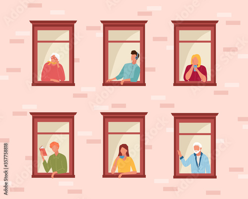 People self isolation stay home. Life people in quarantine through open windows guy listens music reads book girl drinks coffee speaks phone, older people look outside. Vector clipart.