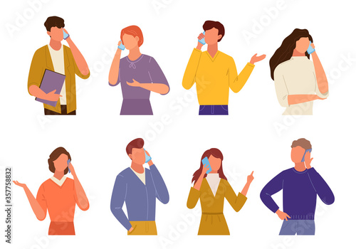 People talking on phone set. Communication in quarantine mode different smartphone mobile phone guy is girl business communication, conversation life latest news. Color vector cartoon style.
