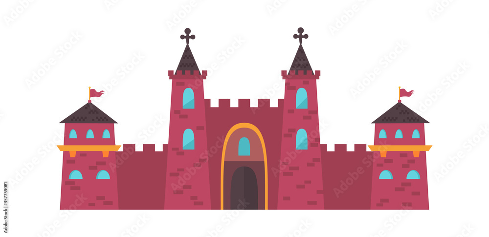 Gothic medieval castle. Two powerful red brick towers crosses on roof central massive door watchtowers with flag balconies on sides defensive stronghold. Majestic cartoon vector.