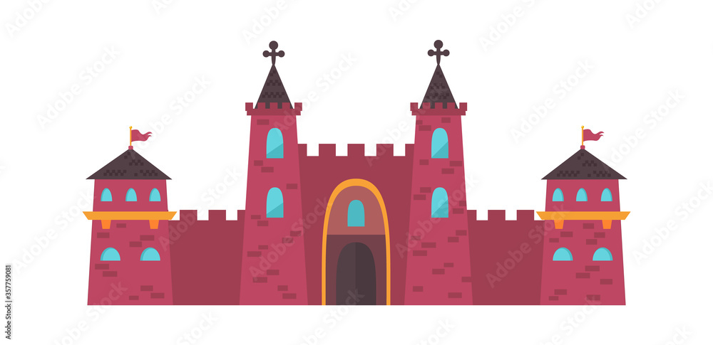 Gothic medieval castle. Two powerful red brick towers crosses on roof central massive door watchtowers with flag balconies on sides defensive stronghold. Majestic cartoon vector. Gothic medieval castle. Two powerful red brick towers crosses on roof central massive door watchtowers with flag balconies on sides defensive stronghold. Majestic cartoon vector.
