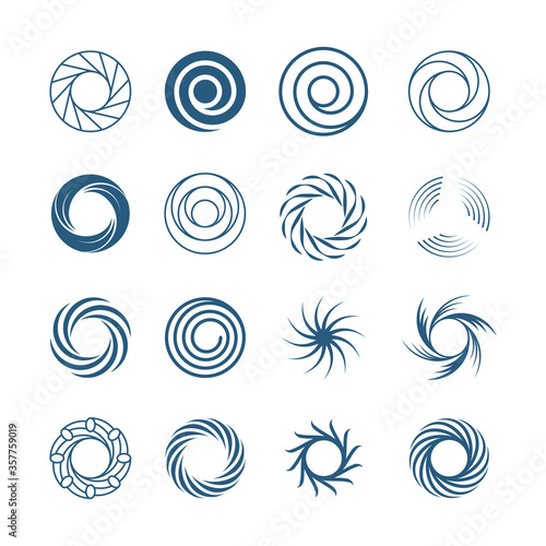 Abstract spiral circles set. Fashionable round swirls in form whirlpool lines effect rotational motion illustration subspace portals symbols ancient runic solstice. Vector abstract symbolism. photo
