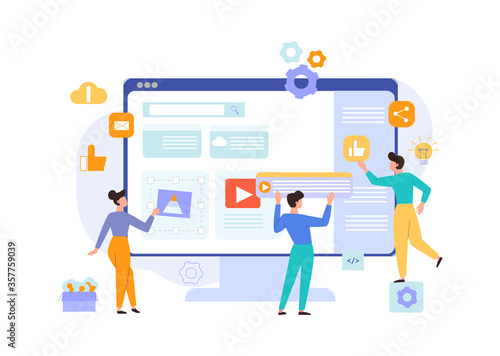Website development content concept. Programmers designers make up selling site place size adjustment web labels edit update information business on main page. Flat promotion vector style.
