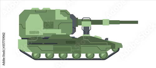 Military self propelled artillery camouflage. Heavy caterpillar green sau howitzer mortal gun long range with large caliber armored protection bullets fragments shells. Cartoon battle vector.