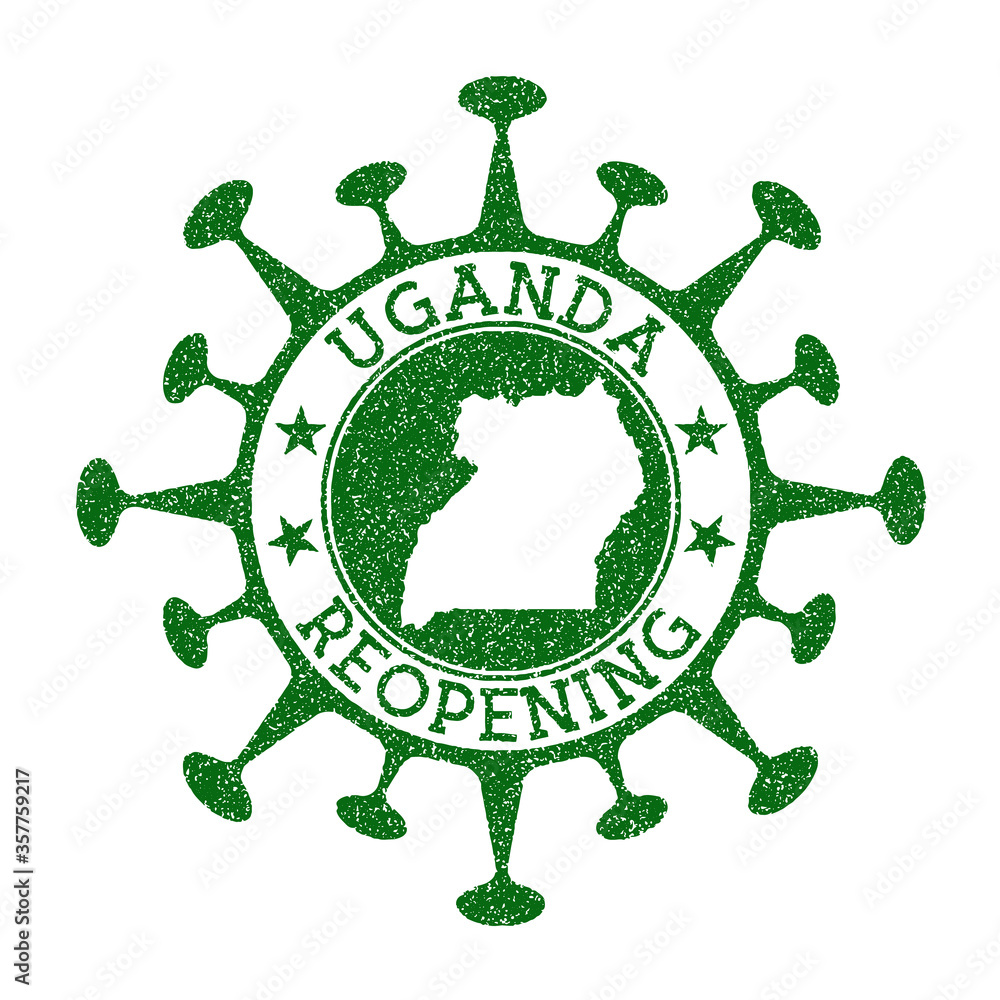 Uganda Reopening Stamp. Green round badge of country with map of Uganda. Country opening after lockdown. Vector illustration.