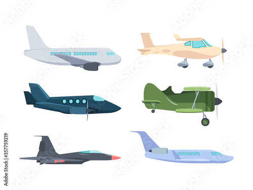Airplanes set. Modern passenger liners retro propeller an 2 corncob super powerful combat fighter MiG 31 small high speed private jet golfstream compact training aircraft for 2. Cartoon vector.