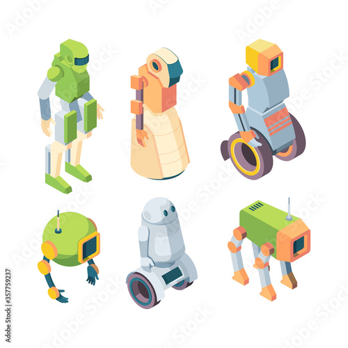 Technological robots helper future isometry set. Robotic humanoid green cyborg on wheels chassis robopes artificial intelligence guard of order help fantastic. Vector friendly communication. © alex_cardo