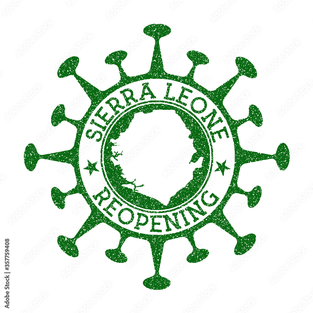 Sierra Leone reopening stamp. Green round badge of country with map of Sierra Leone. Country opening after lockdown. Vector illustration. Sierra Leone reopening stamp. Green round badge of country with map of Sierra Leone. Country opening after lockdown. Vector illustration.