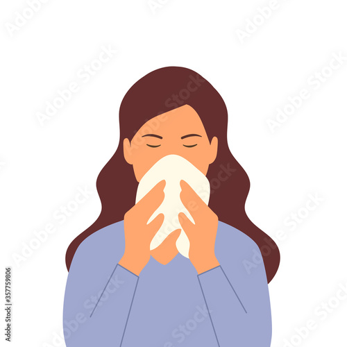 Sneezing woman concept vector illustration on white background. A woman in blue dress sneezing in handkerchief. Sick woman sneeze. Season allergy. Covid-19 coronavirus pandemic influenza infection.