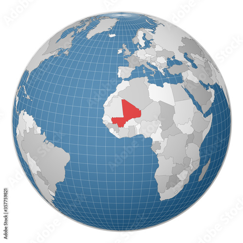 Globe centered to Mali. Country highlighted with green color on world map. Satellite world projection. Creative vector illustration.