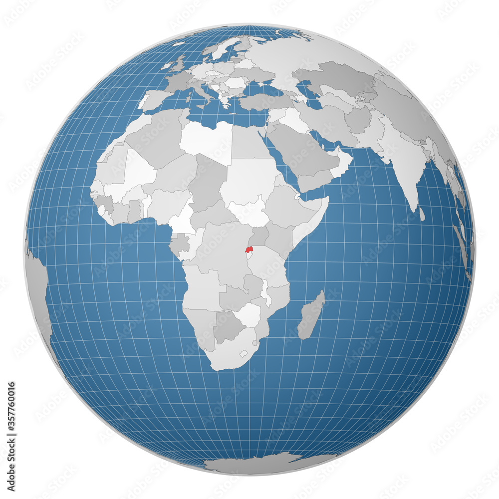 Globe centered to Rwanda. Country highlighted with green color on world  map. Satellite world projection. Amazing vector illustration.  Stock-Vektorgrafik | Adobe Stock
