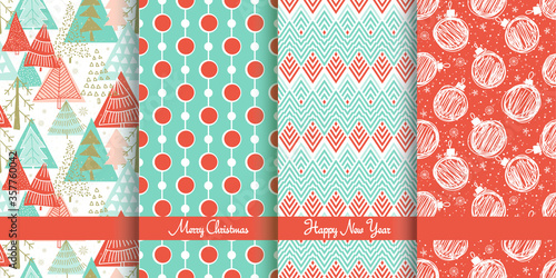 Set of Christmas seamless patterns for greeting cards, wrapping paper. Hand drawn winter backgrounds. Vector illustration