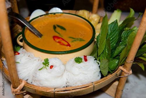 Rice noodles with crab curry with vegetables. Thai foood Rice noodles in crab curry sauce with vegetables. Rice noodles and crab curry. Traditional food of thailand