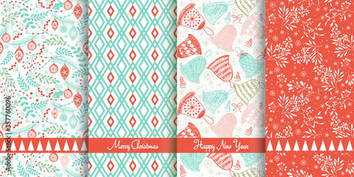 Set of Christmas seamless patterns for greeting cards, wrapping paper. Hand drawn winter backgrounds. Vector illustration