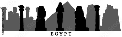 Landmarks of Egypt, silhouettes of statues, pyramids, columns, ruins and etc. Vector illustration.