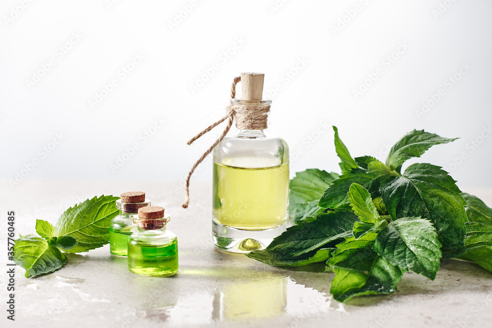 Peppermint essential oil and fresh mint leaves. Peppermint essential oil and fresh mint leaves.