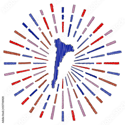 Sketch map of Ko Samet. Sunburst around the island in flag colors. Hand drawn Ko Samet shape with sun rays on white background. Vector illustration.