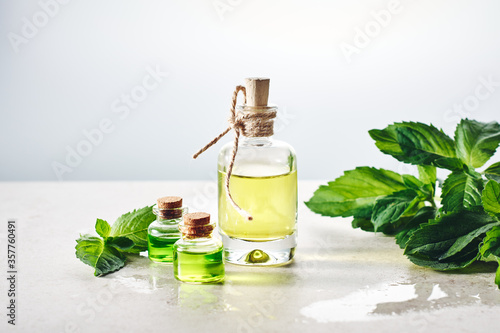 Peppermint essential oil and fresh mint leaves.