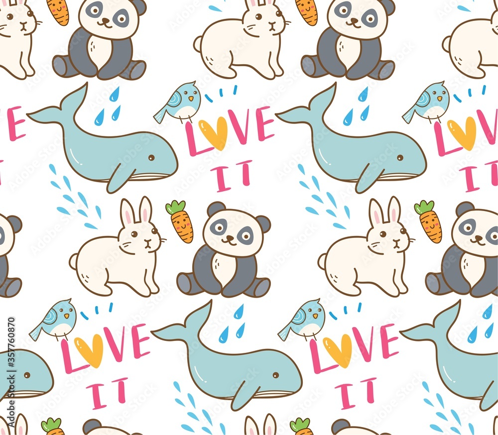 Fototapeta premium Various animals seamless pattern in kawaii style illustration