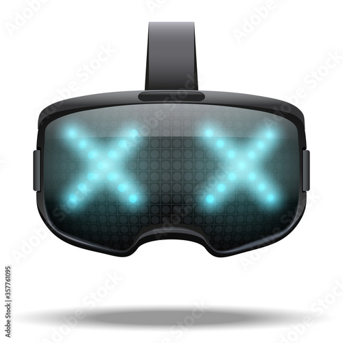Original VR goggles headset with light text effect. Front view. Vector illustration Isolated on white background.