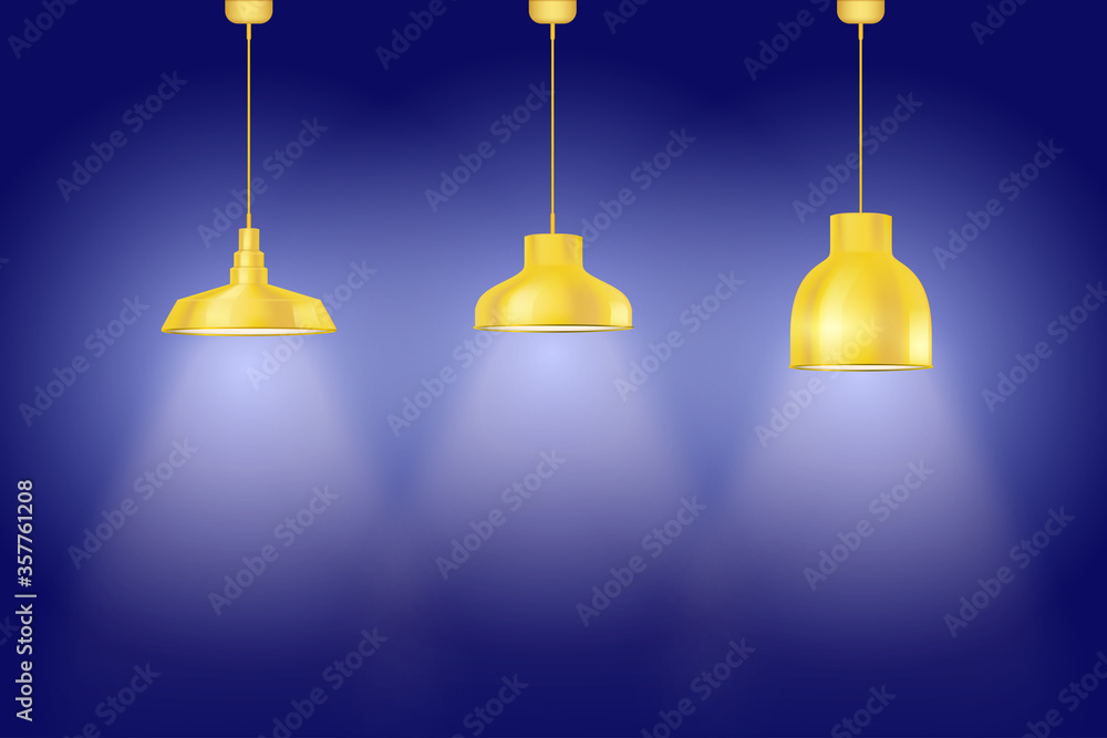 Obraz premium Interior of Blue wall with yellow vintage pedant lamps. Set of retro style lamps. Vector Illustration