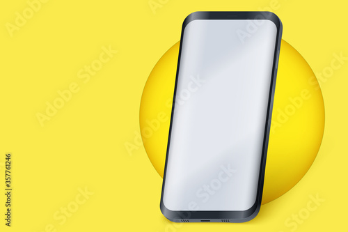 Smartphone layout presentation mockup on yellow color. Example frameless model mobile phone with touchscreen on circle. Project application mockup. Vector Illustration
