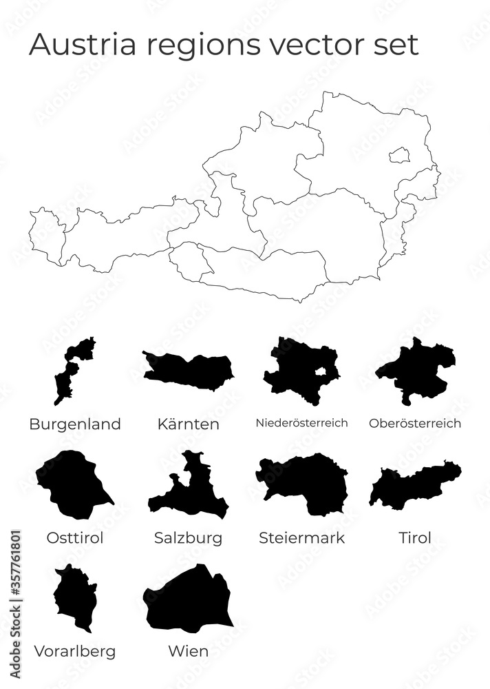 Austria map with shapes of regions. Blank vector map of the Country with regions. Borders of the country for your infographic. Vector illustration. Austria map with shapes of regions. Blank vector map of the Country with regions. Borders of the country for your infographic. Vector illustration.