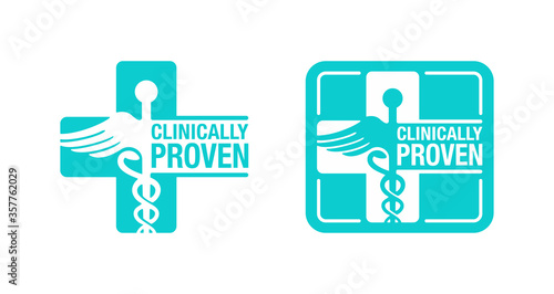 Clinically proven square stamp with caduceus symbol - pharmaceutical medical tested product - vector icon