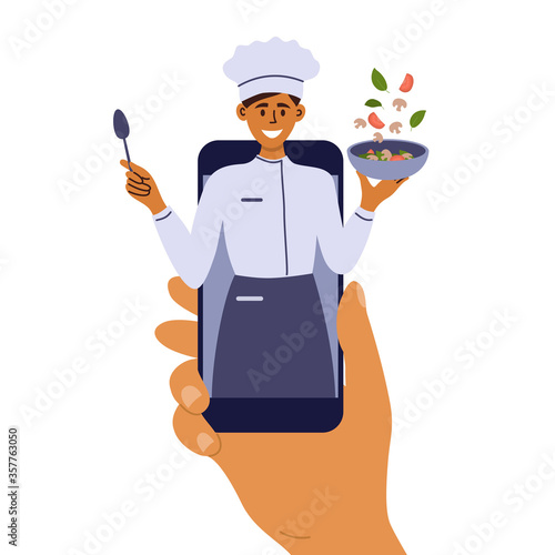 Cooking classes on mobile phone. Smiling woman preparing healthy food online. Culinary blog with recipe of vegetable salad. Human hand holding smartphone with young chef on screen. Vector illustration