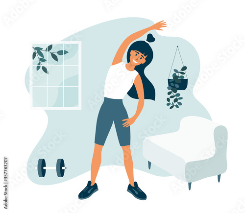 Stay home, keep fit and positive. Young woman doing side bends, stretching. Sport exercise, fitness workout. Physical activity, healthy lifestyle concept. Quarantine isolation. Gym vector illustration