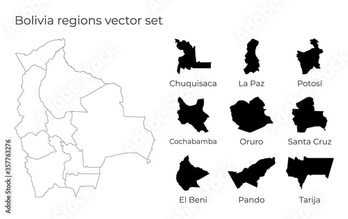 Bolivia map with shapes of regions. Blank vector map of the Country with regions. Borders of the country for your infographic. Vector illustration.