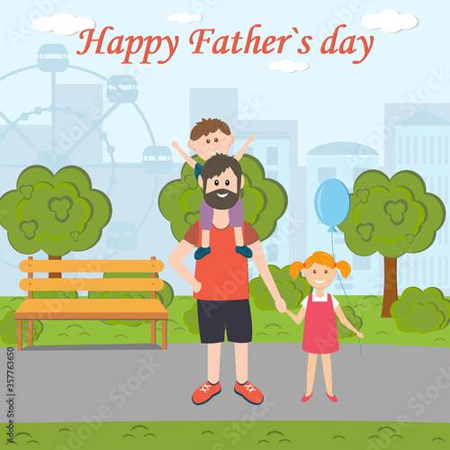 Father's day card with the image of a father, daughter and son in the Park on the background of a carousel, color vector illustration in flat style, design, gift