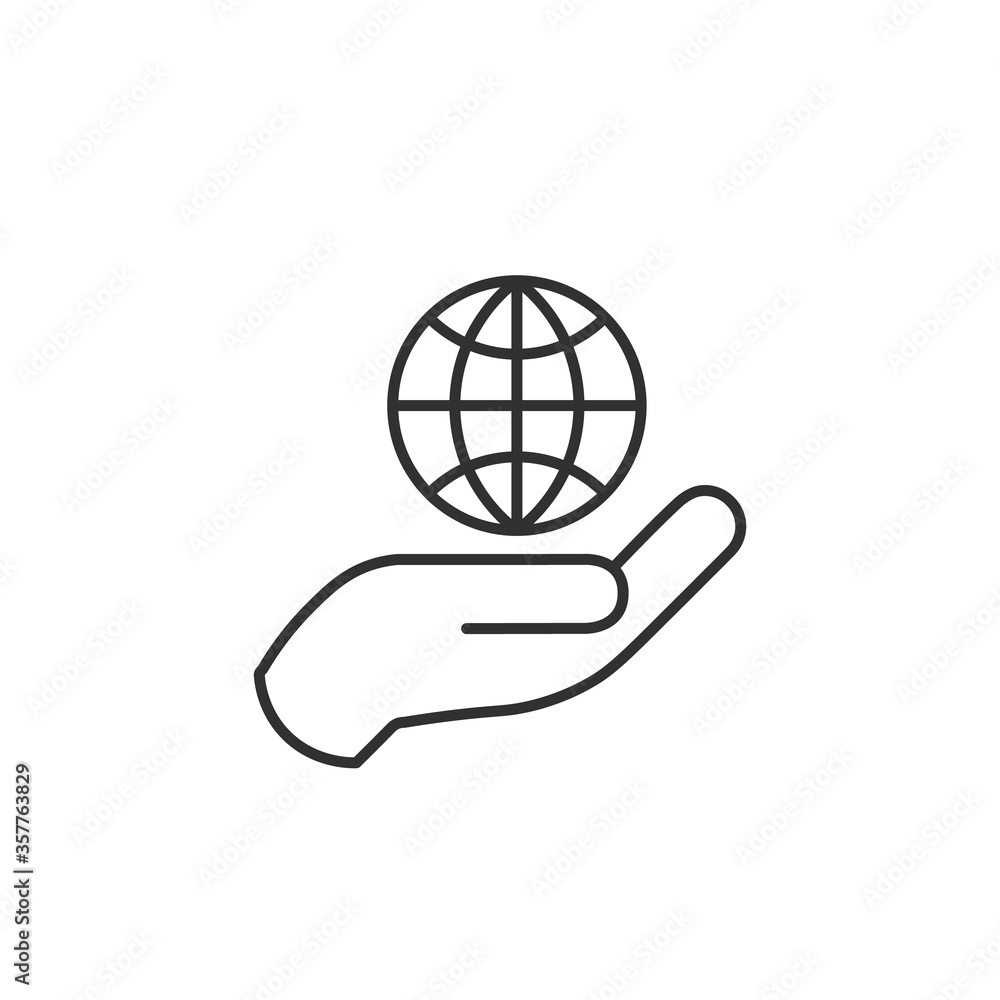 Linear hand holding globe icon, earth symbol. Stock vector illustration isolated on white background. Linear hand holding globe icon, earth symbol. Stock vector illustration isolated on white background.
