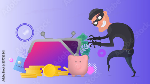 A thief steals money. Big wallet, credit card, gold coins, dollars. The concept of robbery and fraud. Vector.