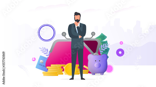 Successful businessman. Big wallet, credit card, gold coins, dollars. Concept of profit, cashback or wealth. Banner on the theme of finance. Vector.