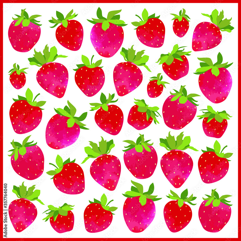 Vector set : square pattern with red , fresh, ripe strawberry with green leaves. Isolated on white in frame. Colorful summer juicy design with watercolor texture for textile shawl , card, poster. Vector set : square pattern with red , fresh, ripe strawberry with green leaves. Isolated on white in frame. Colorful summer juicy design with watercolor texture for textile shawl , card, poster.