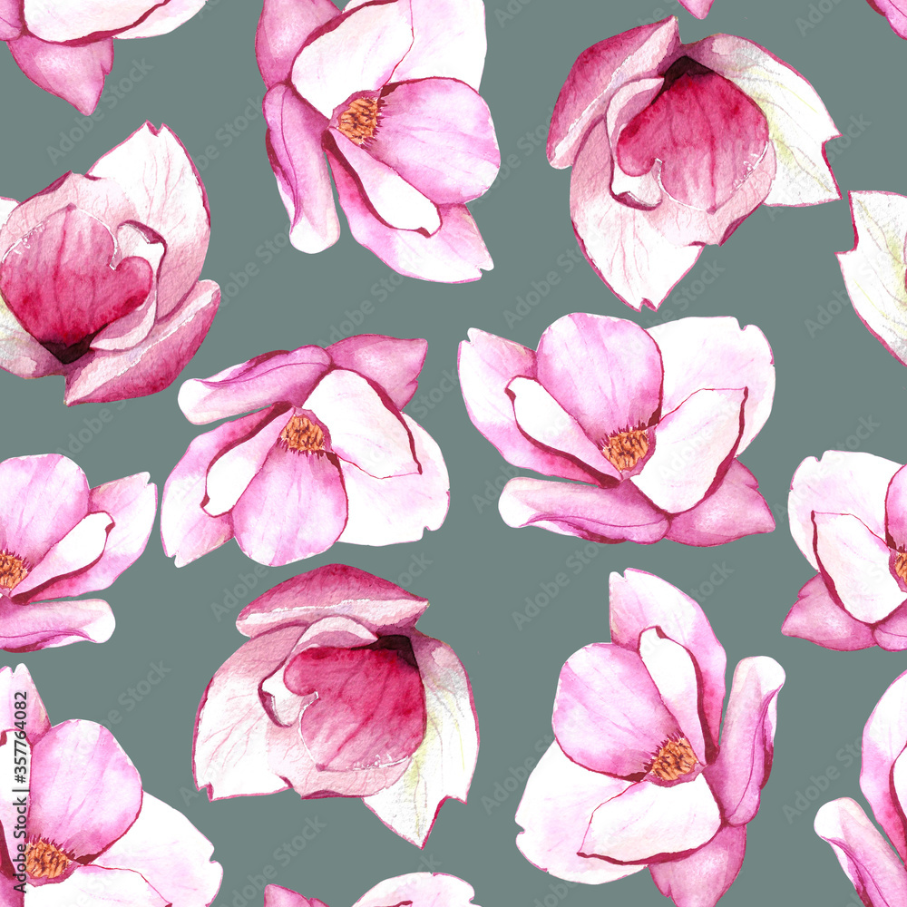 Seamless endless floral pattern of magnolias hand-drawn watercolor painting on gray background. Pattern for textiles, bedding, curtains, packaging, umbrellas.