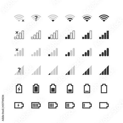 Mobile gadget bar icons set. Wi-fi level, 4g and 5g network signal strength, battery charge indicator. Communication, phone system symbols collection. Vector illustration for web, app, ui, interface