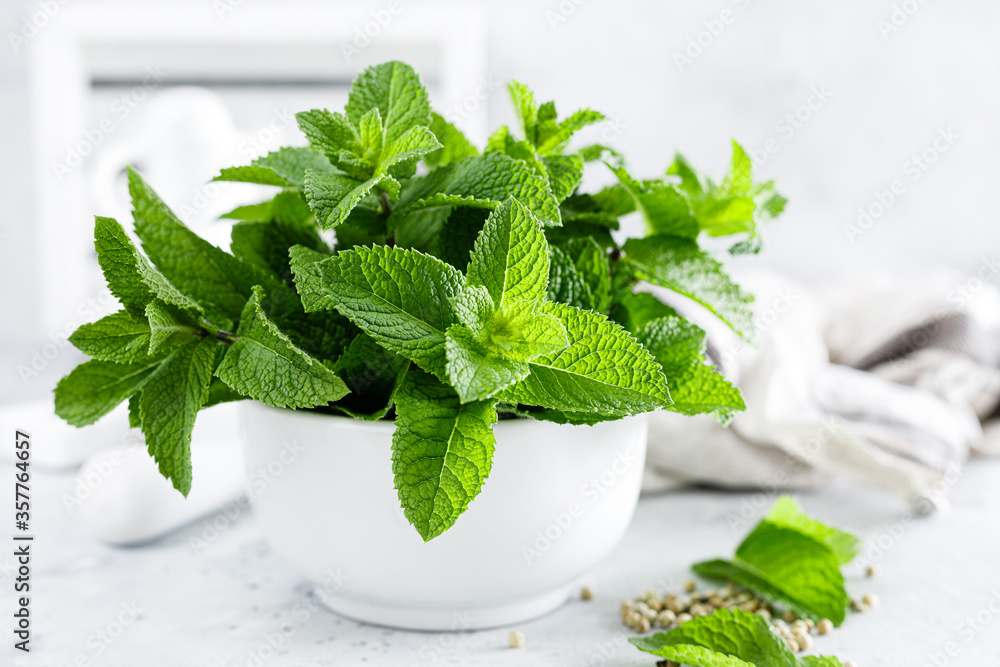 Mint leaves in bunch on white kitchen table closeup.