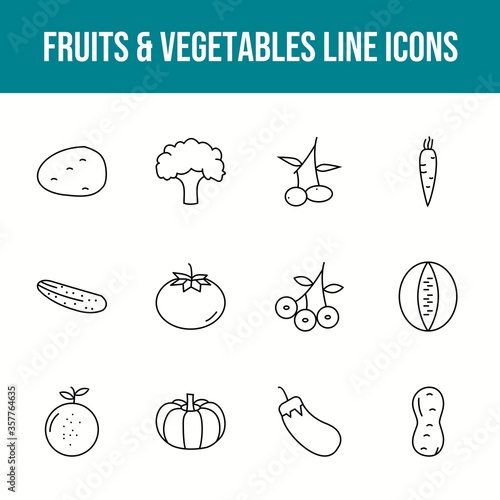 Unique fruits & vegetables vector line icon set