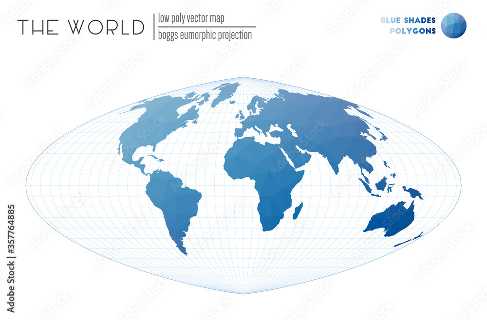 Polygonal world map. Boggs eumorphic projection of the world. Blue Shades colored polygons. Energetic vector illustration. Polygonal world map. Boggs eumorphic projection of the world. Blue Shades colored polygons. Energetic vector illustration.