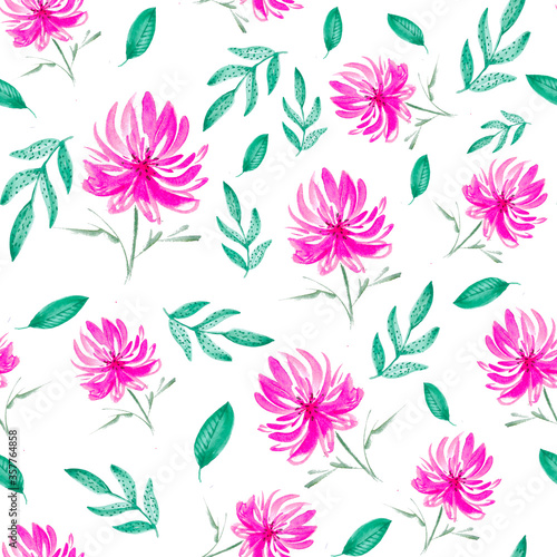 Watercolor seamless pattern with hand-drawn pink summer flowers. Watercolor summer background with flowers, herbs and leaves