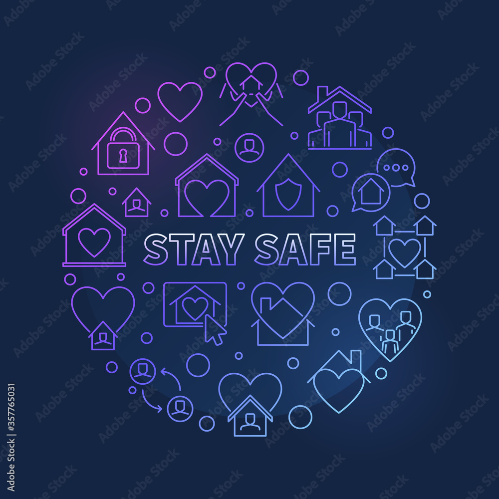 Vector Stay Safe outline concept round colorful illustration on dark background