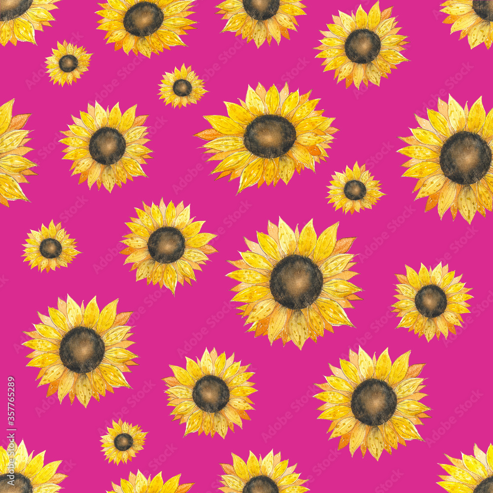 Watercolor seamless pattern with sunflowers. Hand drawn, natural yellow-orange flowers. Summer pattern on pink background Watercolor seamless pattern with sunflowers. Hand drawn, natural yellow-orange flowers. Summer pattern on pink background