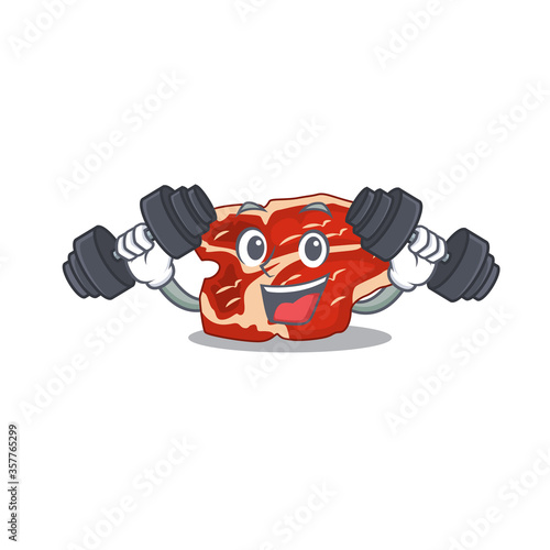 Muscular T-bone mascot design with barbells during exercise