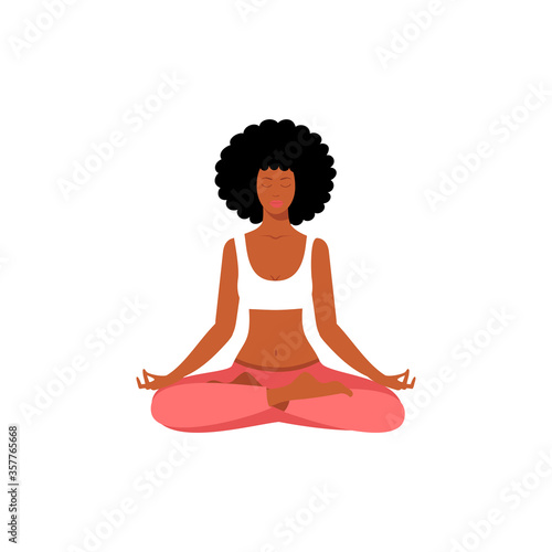 Afro American woman sitting in yoga lotus pose isolation on the white background. Meditating girl illustration. Yoga woman, meditation, anti-stress people.