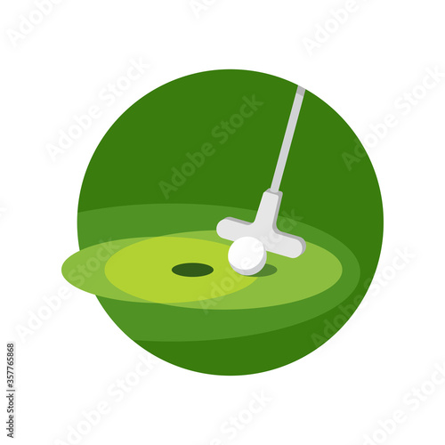 Minigolf icon - putt-putt crazy golf stick and ball and hole on grass field - isolated vector emblem photo